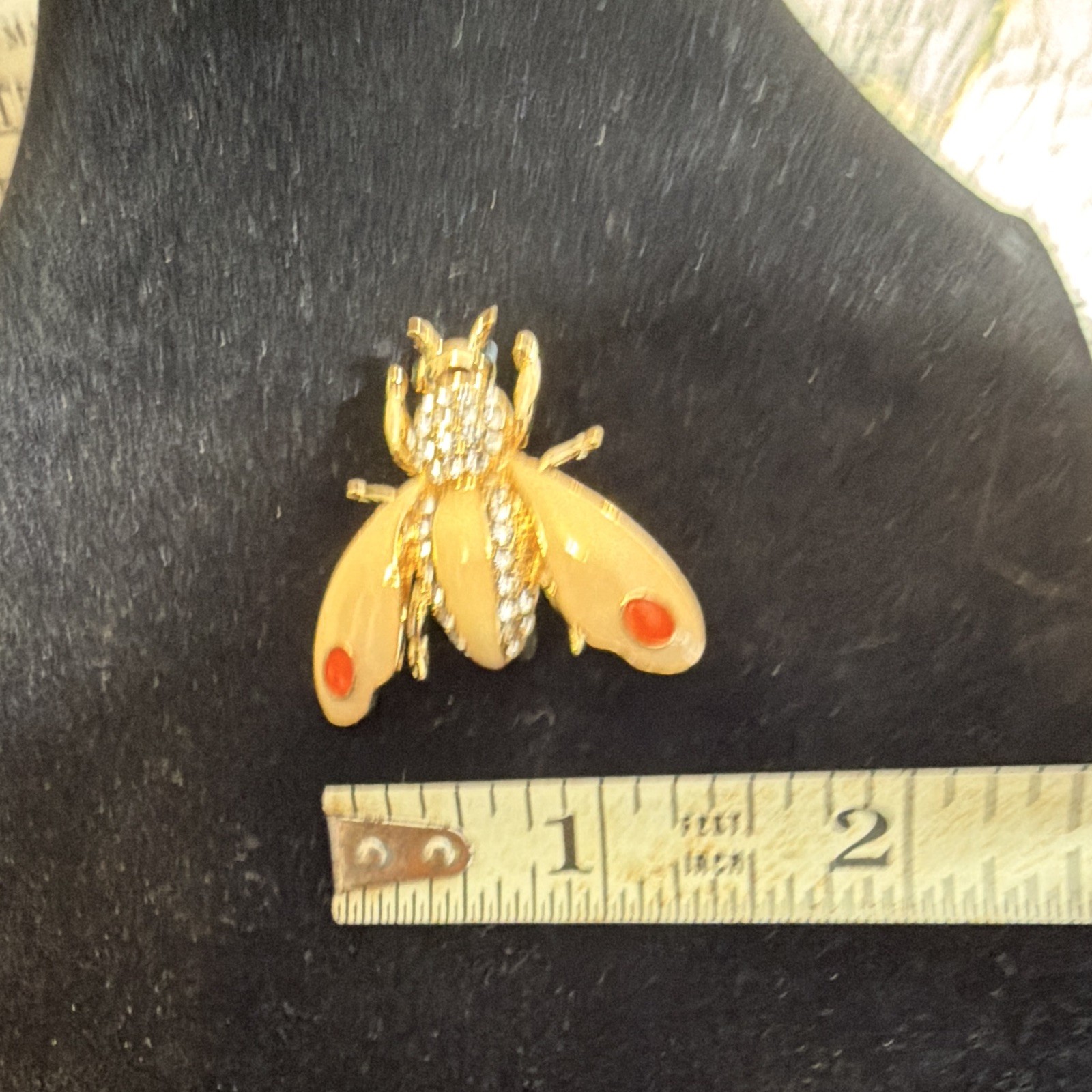 Gold Tone Cream Enamel Bug Brooch Pin Clear Rhinestones Orange Accents 1.5 in