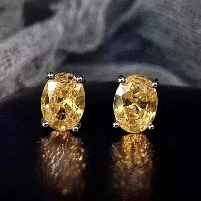 14K White Gold Plated Lab Created Yellow Citrine 3Ct Oval Cut Stud Earrings