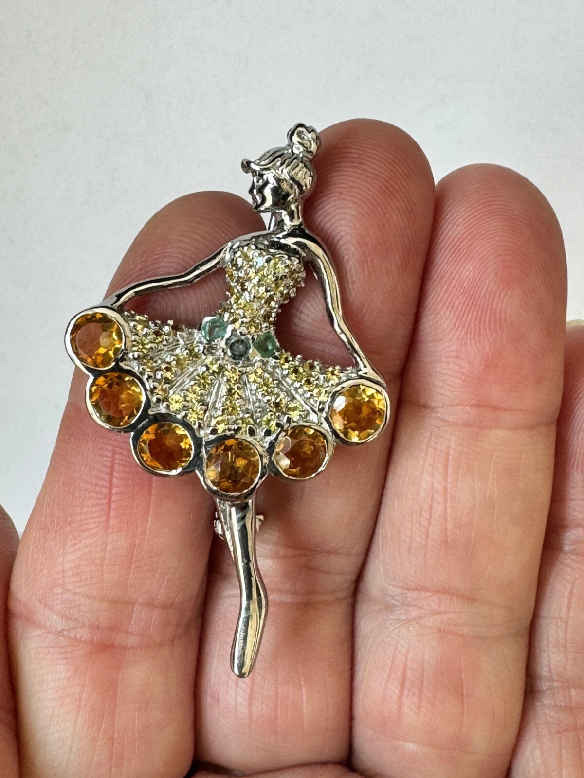 Art Sterling Silver Balerina Brooch, Round 6mm Cirtine 2mm Sapphire