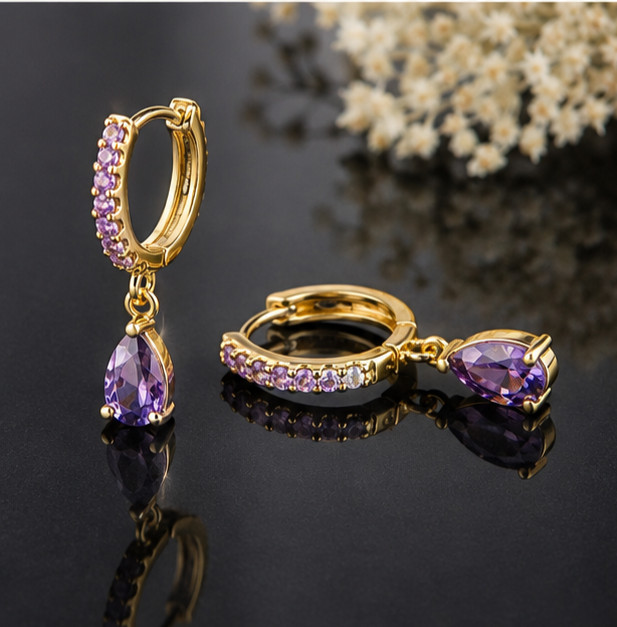 2.00Ct Pear Cut Simulated Amethyst Dangle Hoop Earrings 14K Yellow Gold Plated