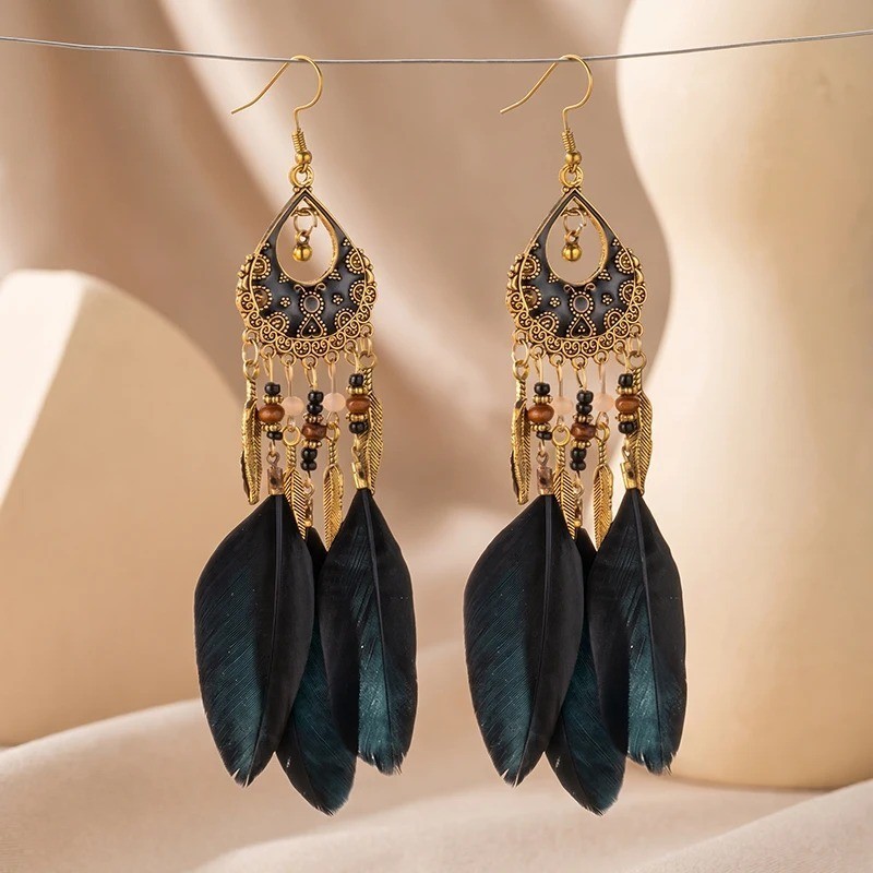 Handmade Bohemian Charm Colorful Feather Retro Design Beaded Long Earrings Women