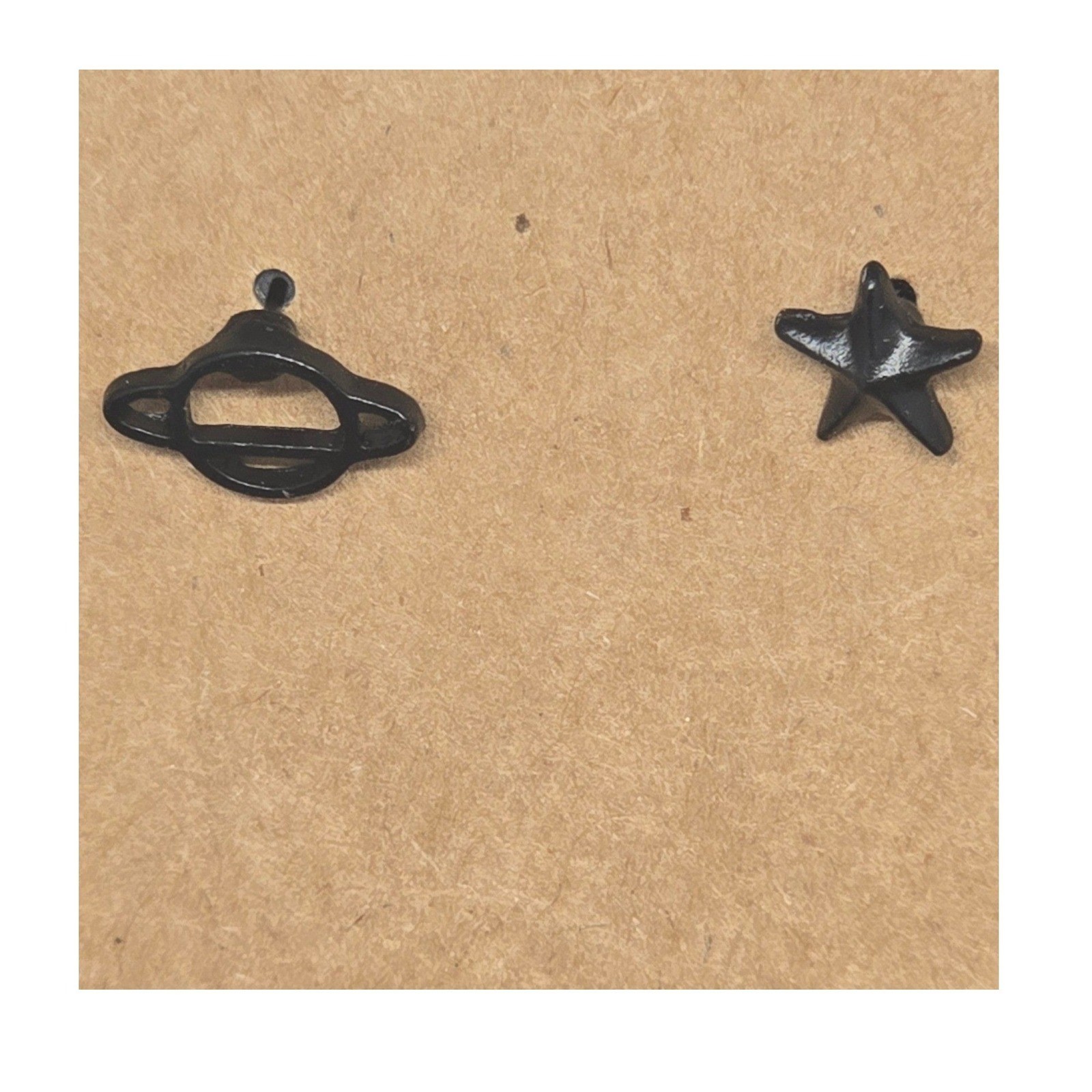 Black Saturn and Star Asymmetrical Stud Earrings Celestial Space Jewelry