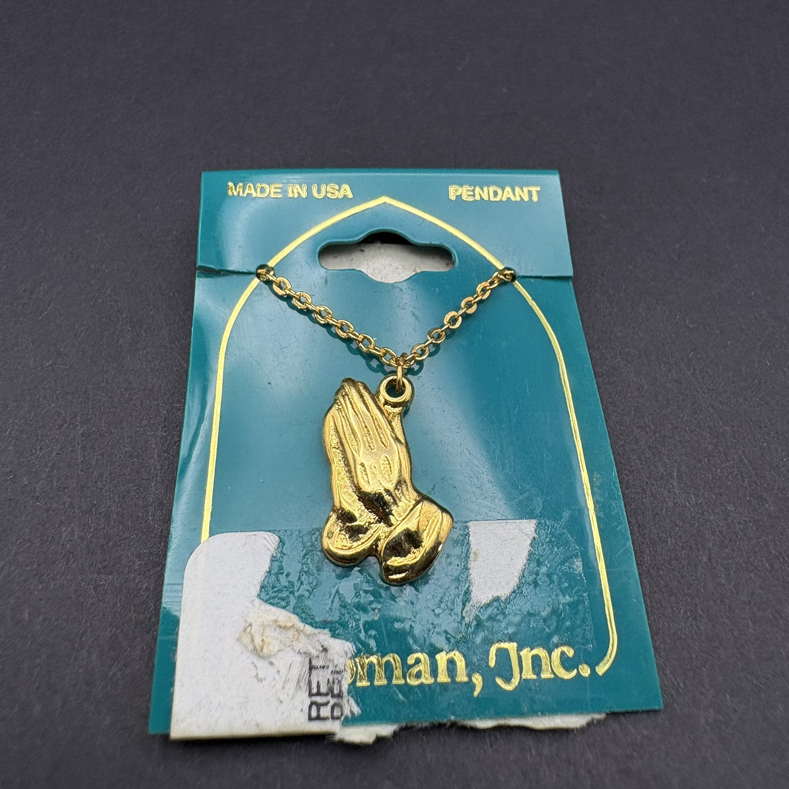Religious Pendant Necklaces Lot of 2 Gold Tone Cross Praying Hands Roman Inc.