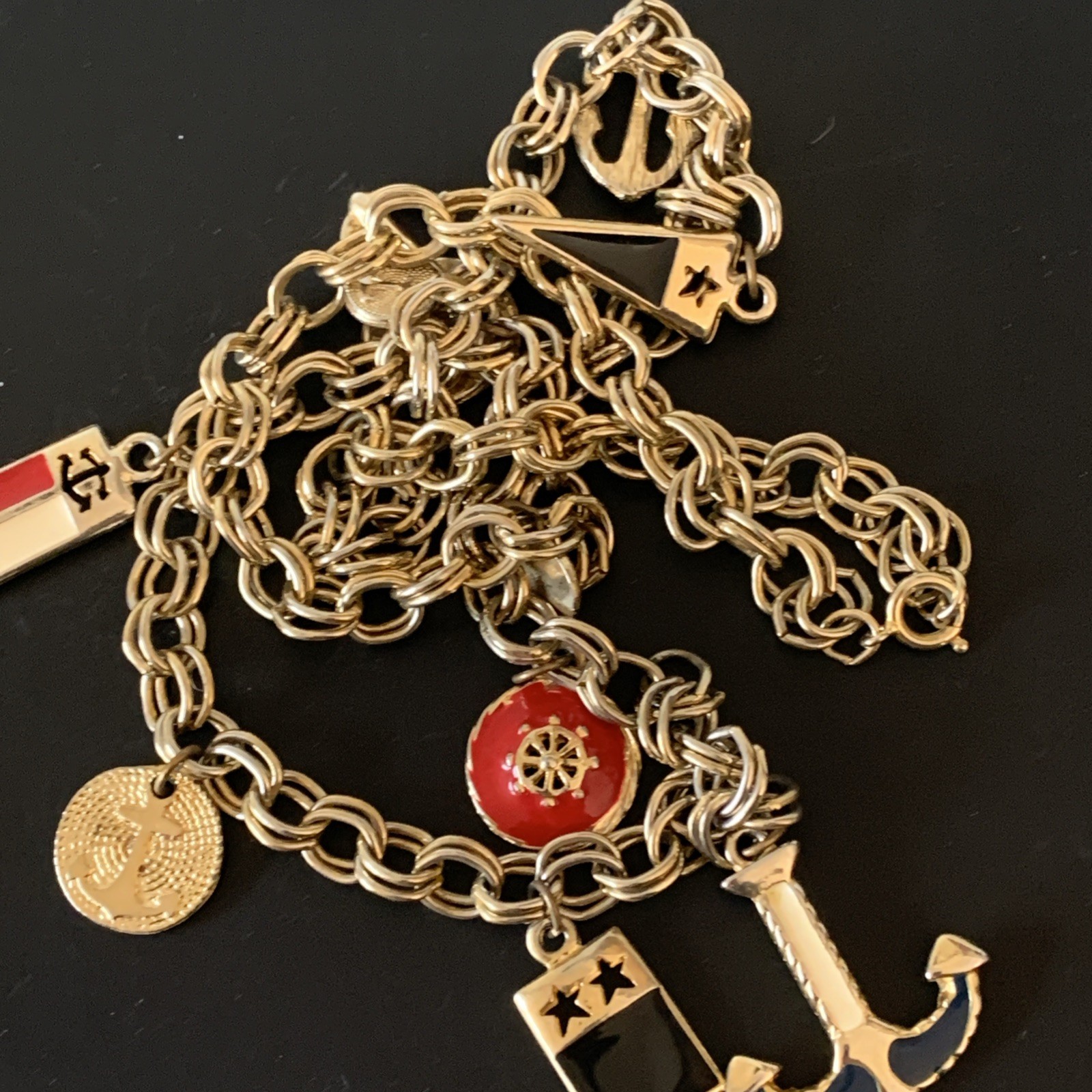 Vintage Nautical Charm Necklace Mid Century Gold Tone Chain Unsigned 32”