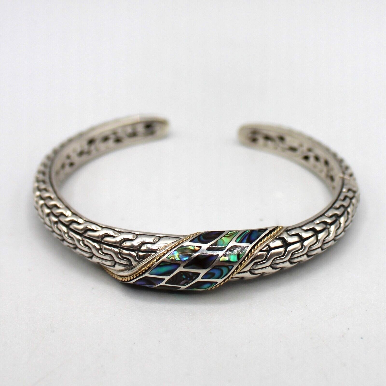 Bali Made 925 & 18K Gold Hinged Bangle Abalone & Dragon Bone Motif Signed