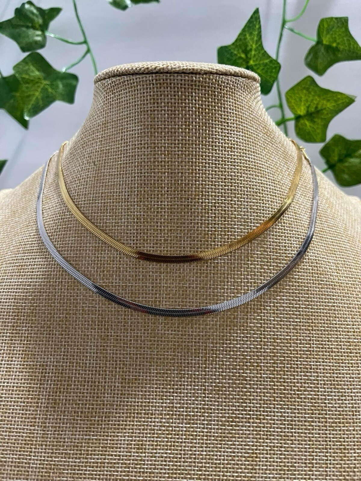 AU Women Set Of 2 Gold ,Silver Color 18k Plated Flat Chain Short Necklace