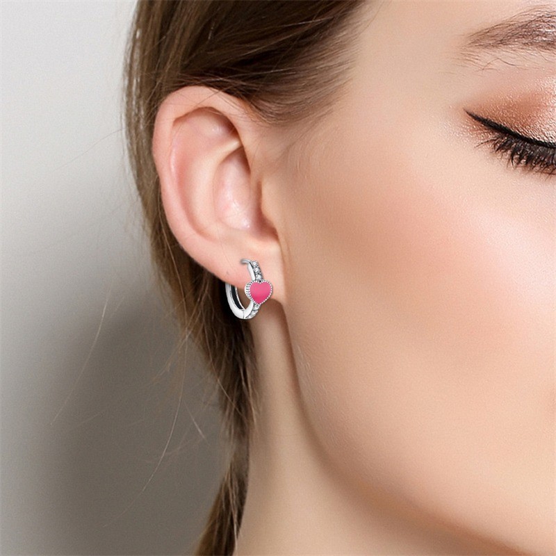 PANDACH 925 Sterling Silver Pink Heart Huggie Hoop Earrings For Women Jewelry
