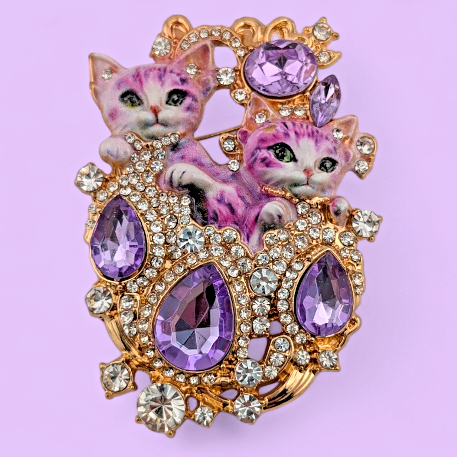 LAVENDER KITTENS BROOCH large crystal purple kitty cats rhinestone cute pin R2