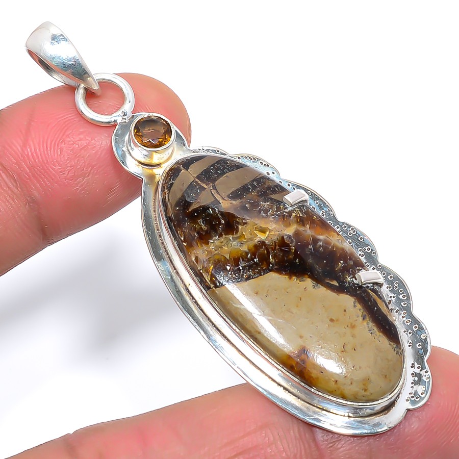 Septerian Stone & Smokey Hand Textured Handmade Silver Plated Pendant 2.6″ T68