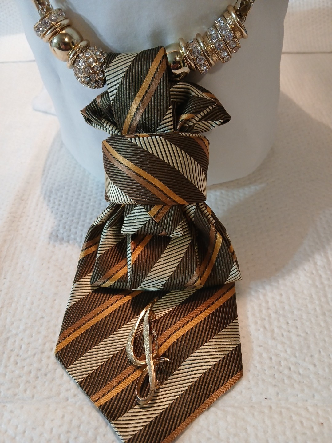 Womens Tie Necklace Repurpose Color Brown & Tan Comes With Broch & Necklace
