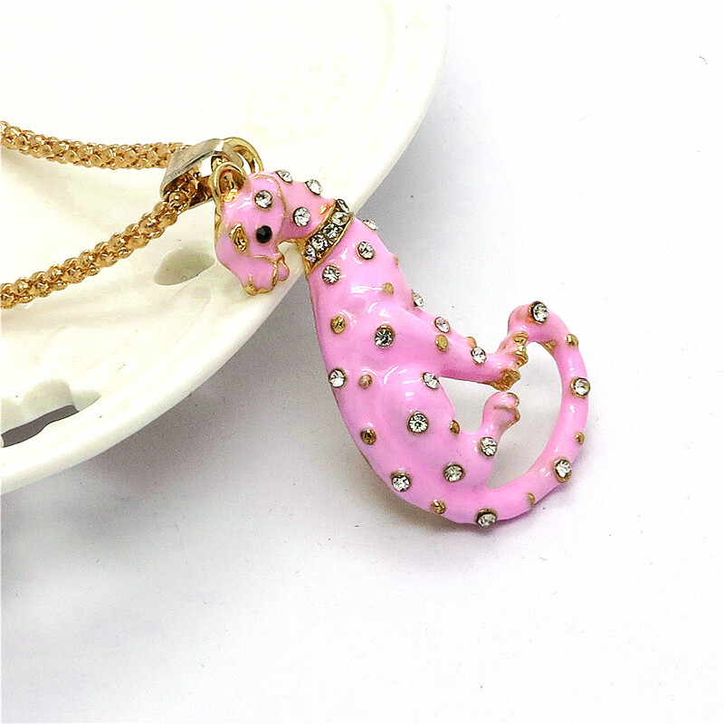Pink Enamel Crystal Leopard Cute Pendant Fashion Women Sweater Chain Necklace