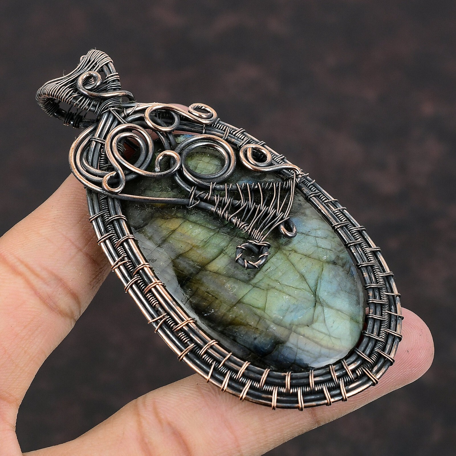 Labradorite Gemstone Wire Wrapped Pendant Copper Jewelry For Girls 3.54″