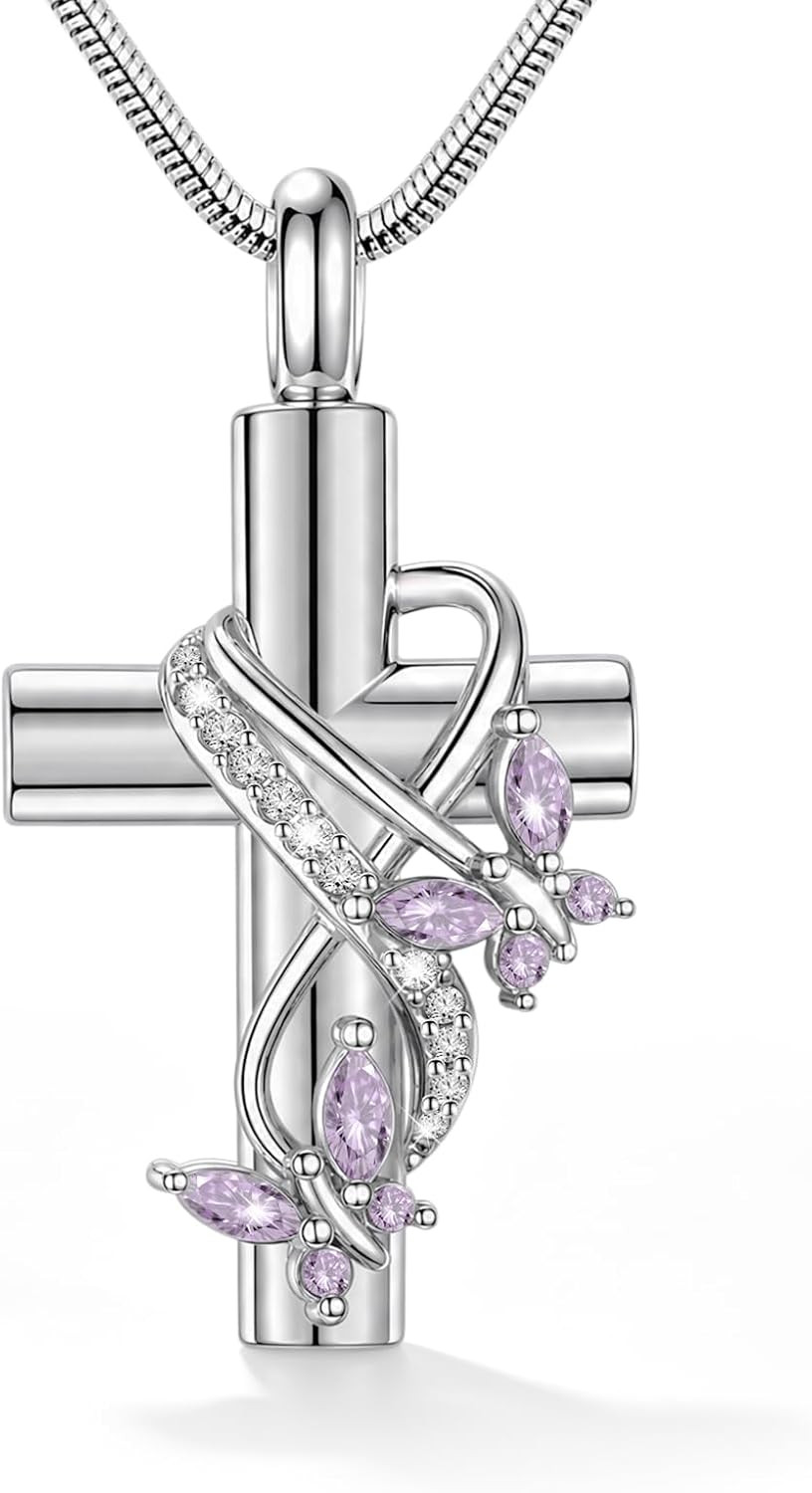 Butterfly Cross Urn Necklace for Ashes with Crystal Stainless Steel Cremation Je