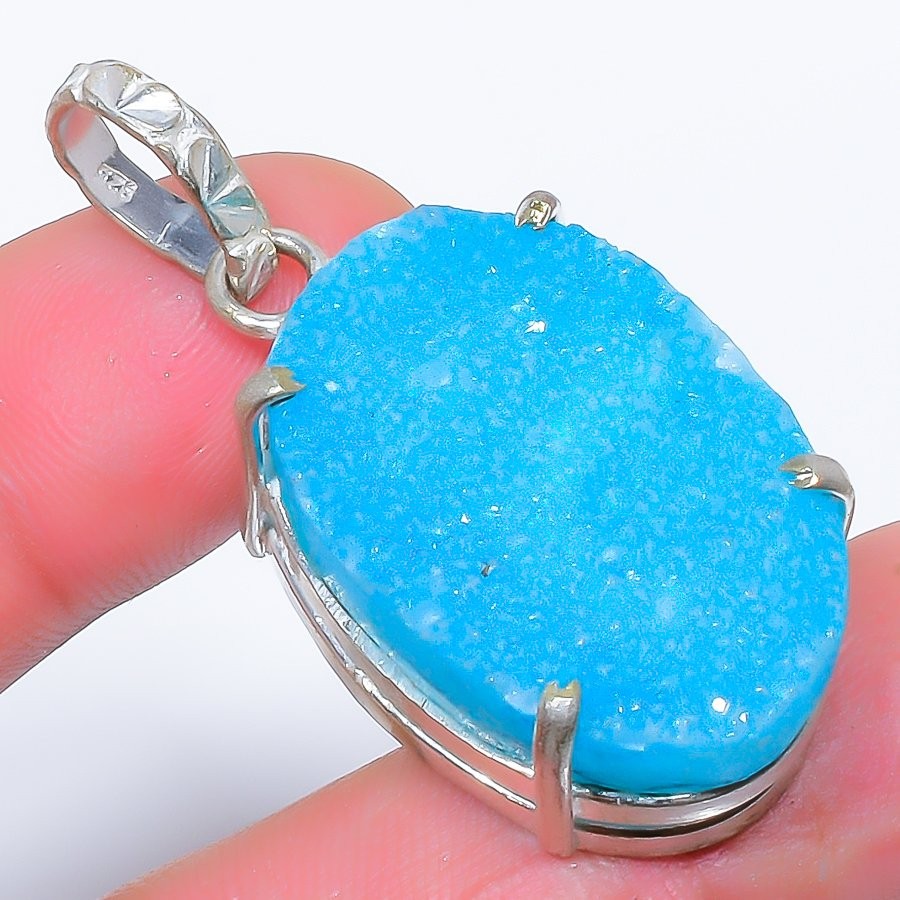 Natural Blue Titanium Drusy Gemstone 925 Silver Plated Pendant 1.8″ T3012