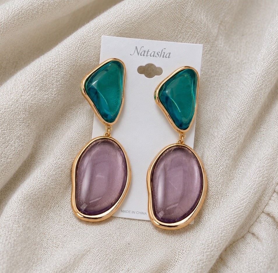 Natasha Clear Earrings Gripoix Lucite Gold Cabochon Boho Geometric Statement VTG