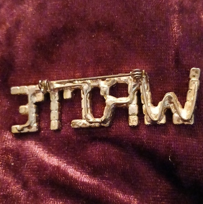 Silver Tone “WRITE” Letter Brooch Pin Clear Round Prong Set Rhinestone Metal