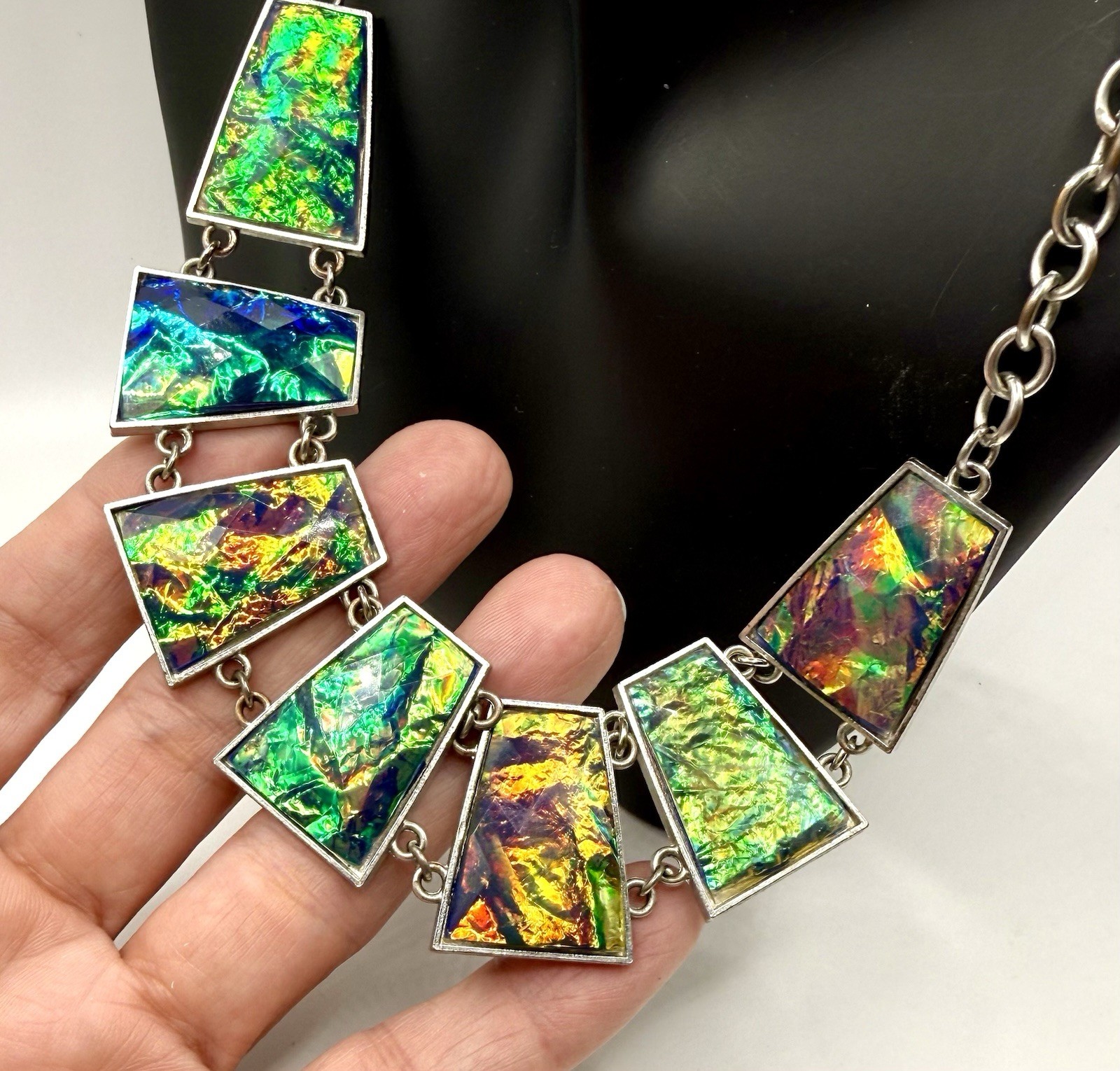Artisan Dichroic Fused Glass Statement Necklace Geometric Iridescent Green Blue