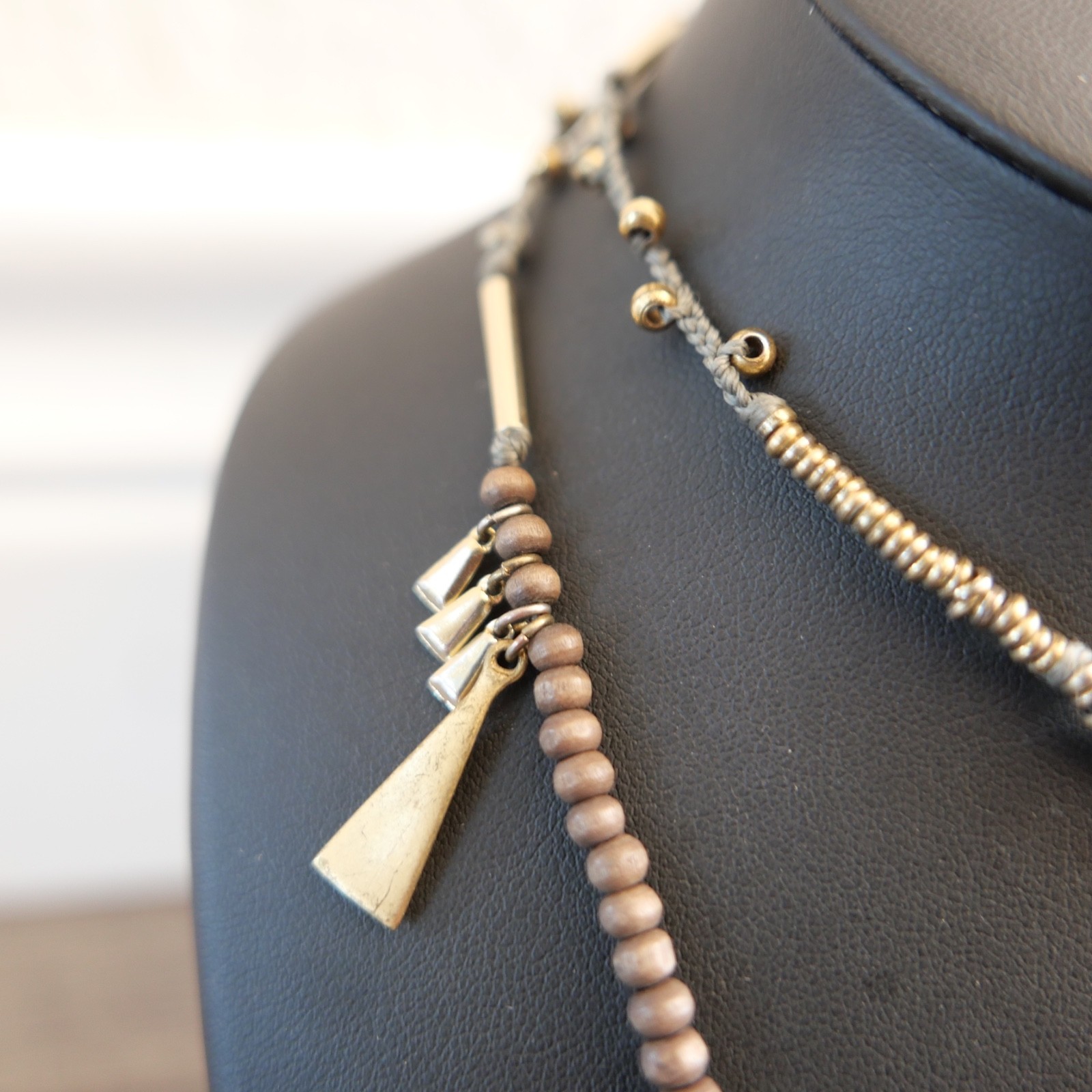 Stella & Dot 33″ Necklace Boho Multi-Element Cotton, Wood, Metal, Stone Beads