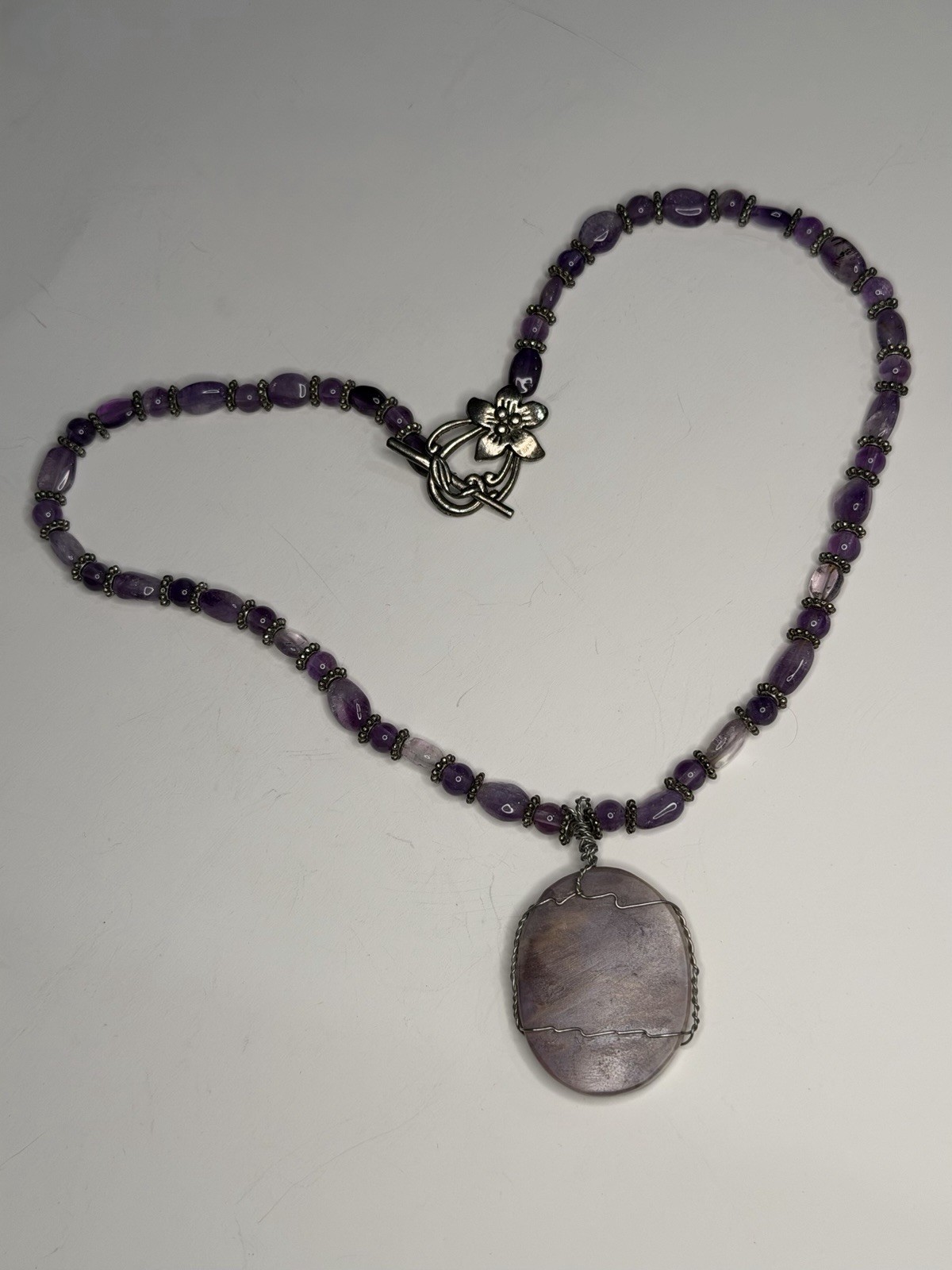 Artisan Purple Gemstone Beaded Necklace Large Stone Pendant Wire Wrapped Set