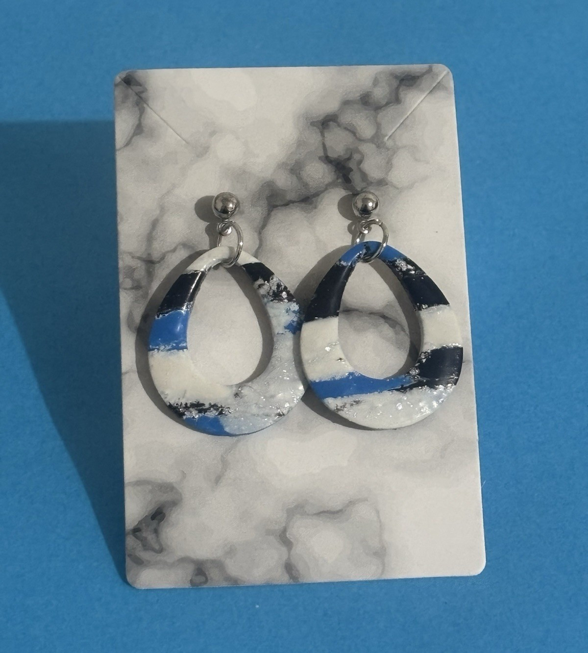 Handmade Blue & White Teardrop Dangle Drop Earrings Silver Flakes