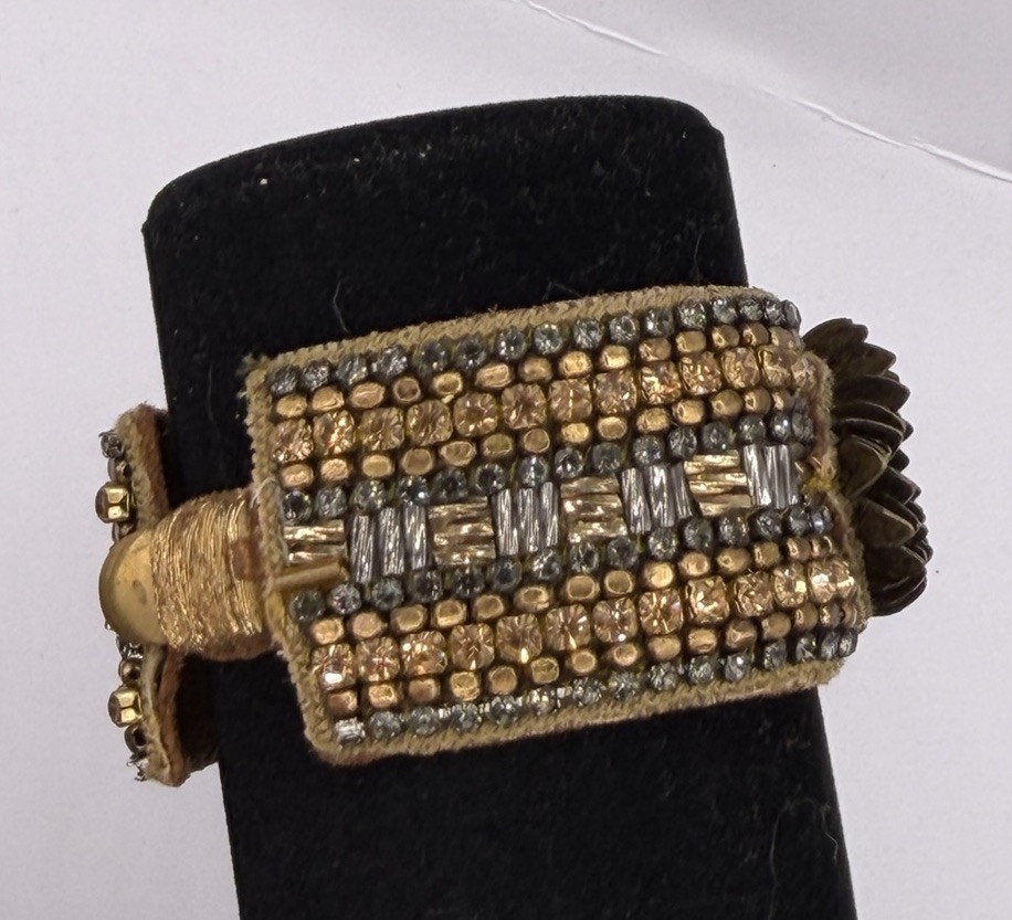 NWT Signed Deepa Gurnani Brass And Leather Bracelet With Stones 7.25”