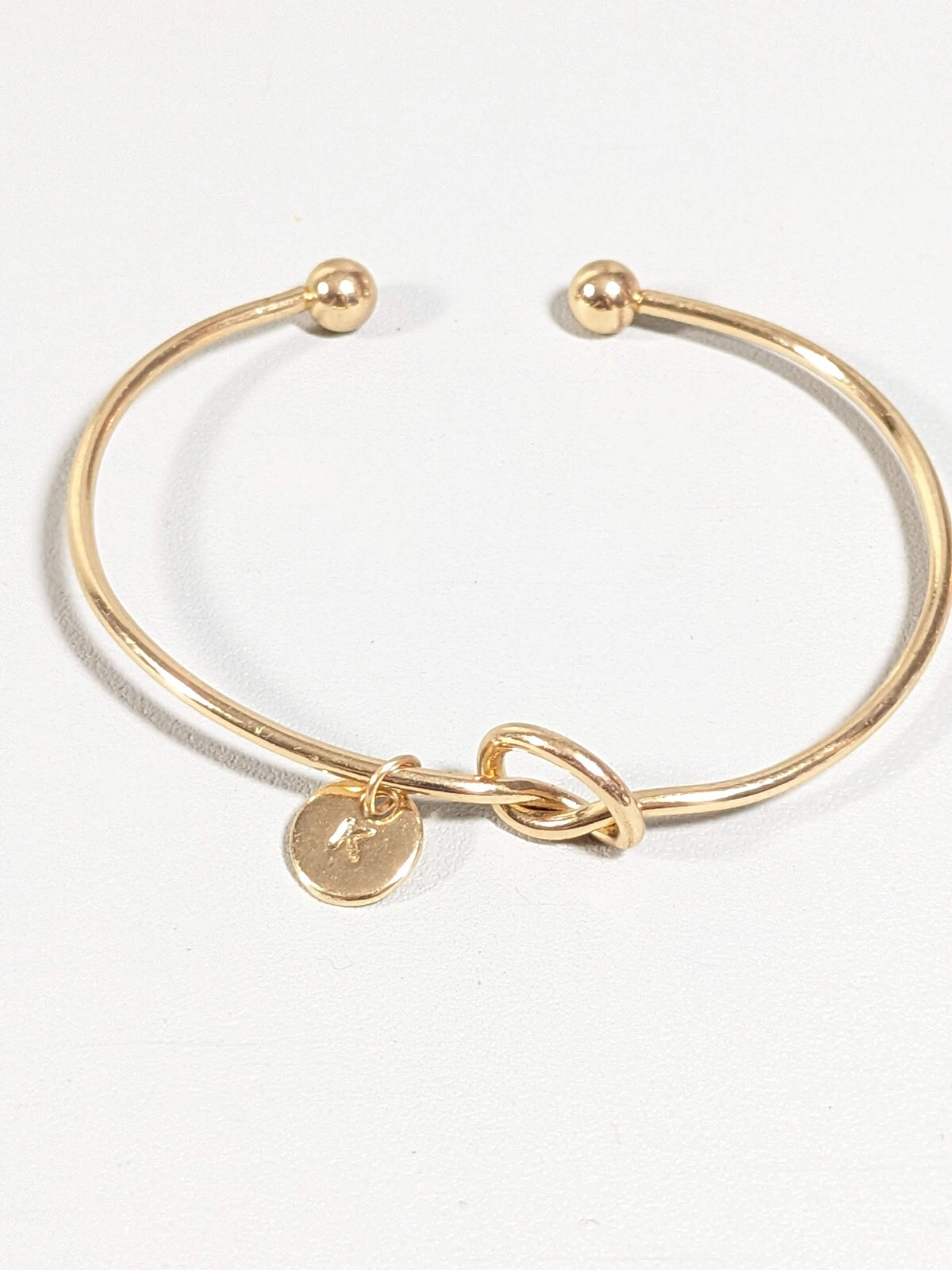 Gold Tone Love Knot Initial Letter K Charm Open Cuff Bracelet 6.5 inches