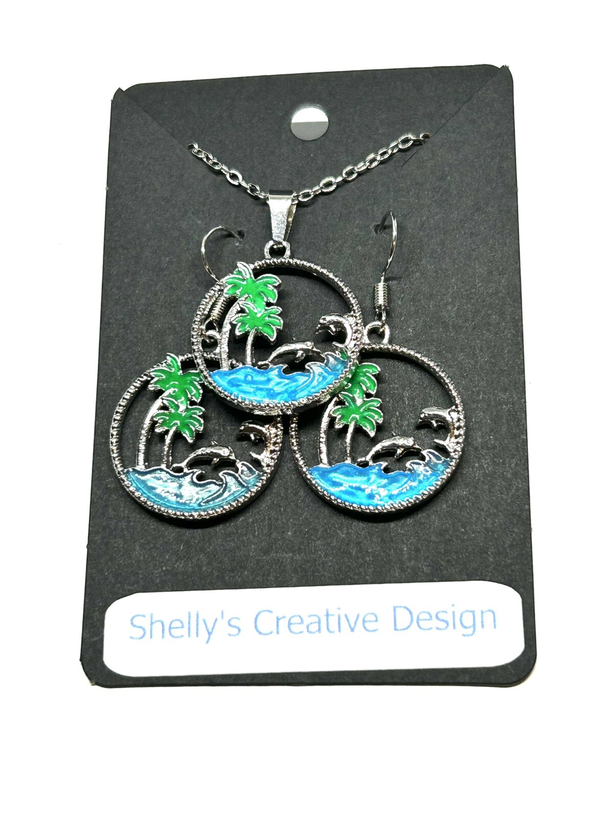 Tropical Dolphin & Palm Tree Earrings & Necklace Set