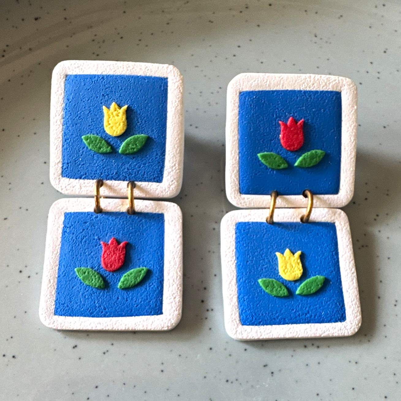 Handmade Clay Square Dangle Earrings post Closure Blue Floral Tulip Multicolor