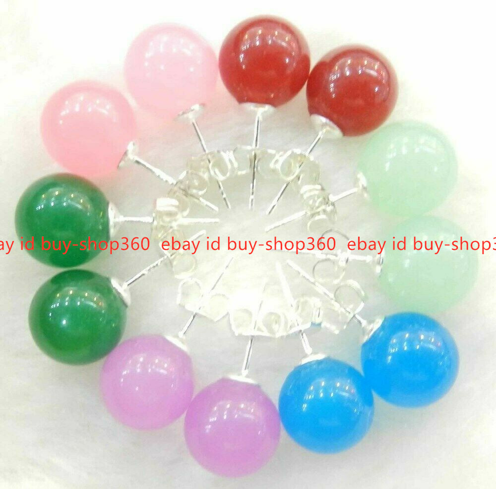 Wholesale 6 Pairs 10mm Jewelry Multicolor Jade 925 Sterling Silver Stud Earrings