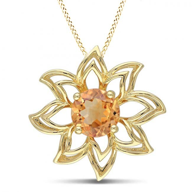 Orange Citrine Snowflake Pendant Necklace 18″ Rope 14K Yellow Gold Plated