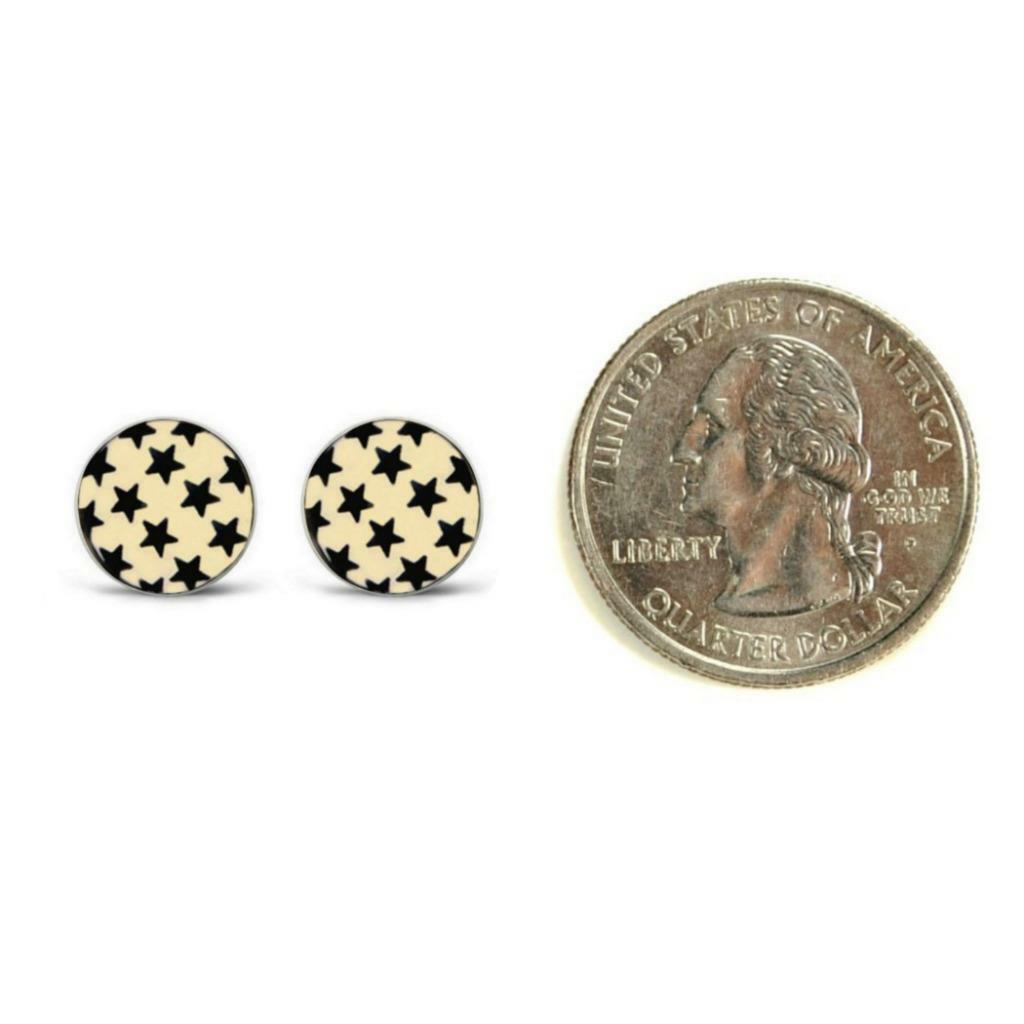 TINY STARS EARRINGS 10mm Round Stud Stainless Steel Black Star Post Pair NEW