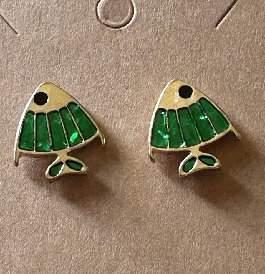 Cute Niche Pair Of Green Fish Gold Plated Stud Earrings .75”