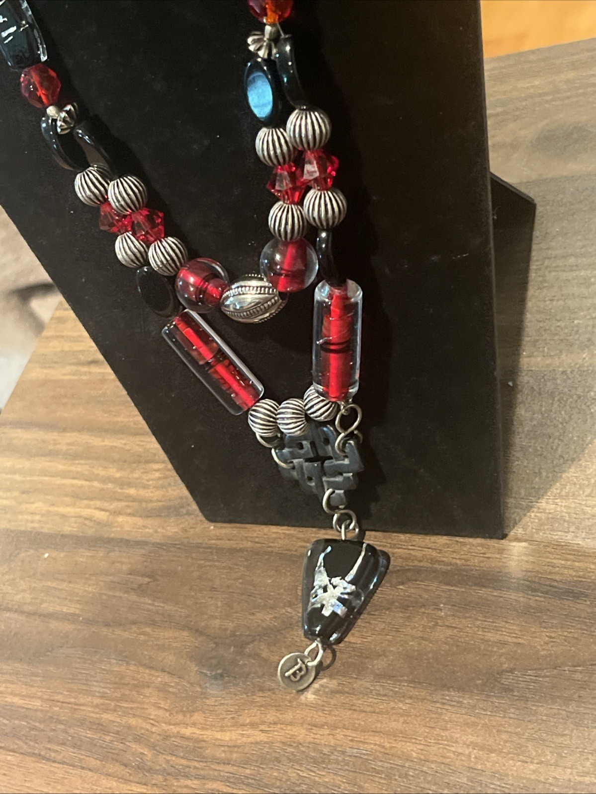 925 Sterling Silver Barbie Koncher necklace Red Black Murano Glass Layered Vtg