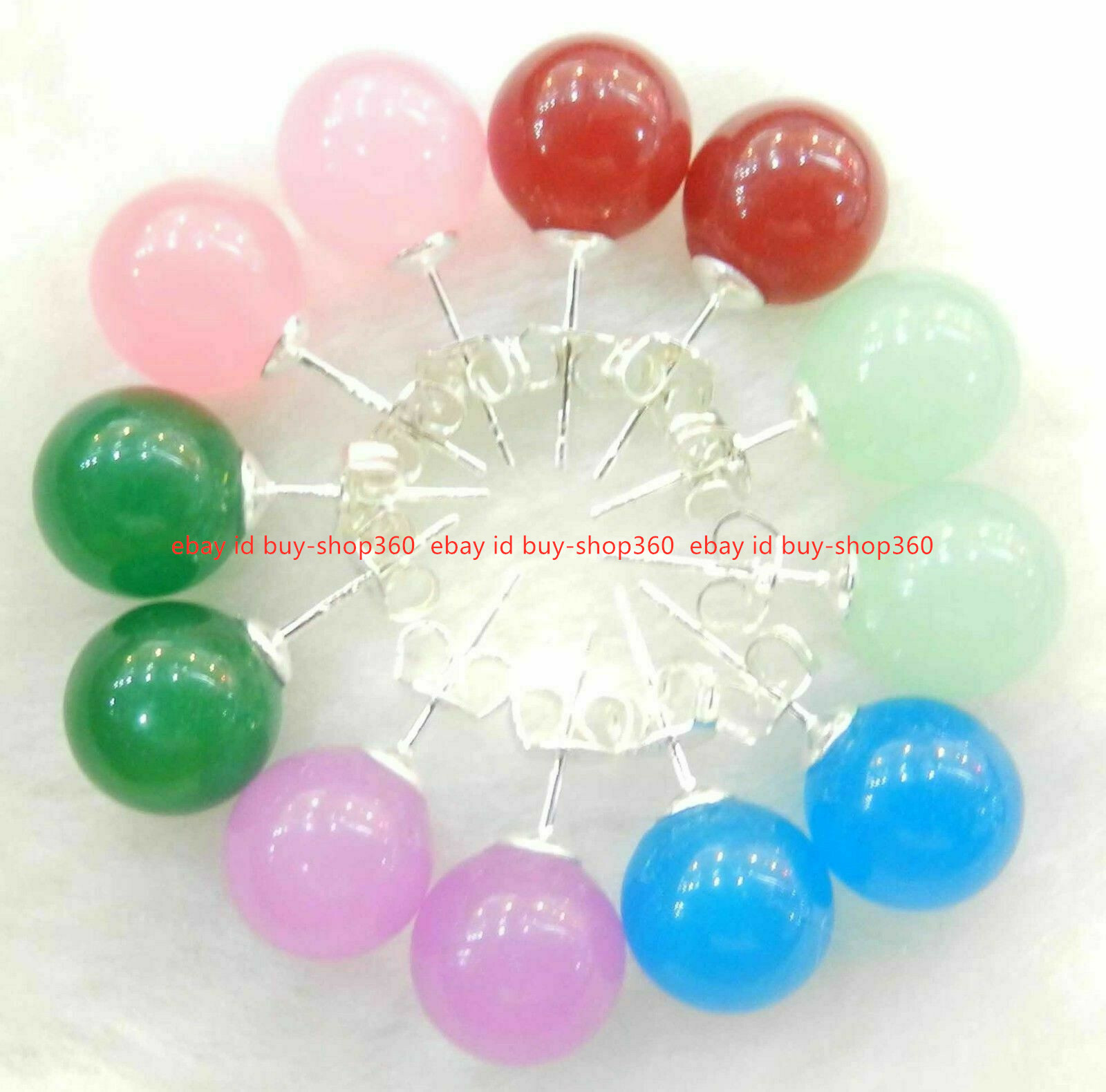 Wholesale 6 Pairs 10mm Jewelry Multicolor Jade 925 Sterling Silver Stud Earrings