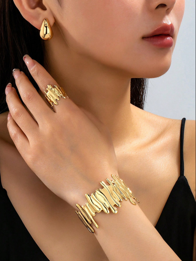 4 Pcs Jewelry Set Bracelet Earrings Ring Thick Cuff Teardrop Bangle For Women US