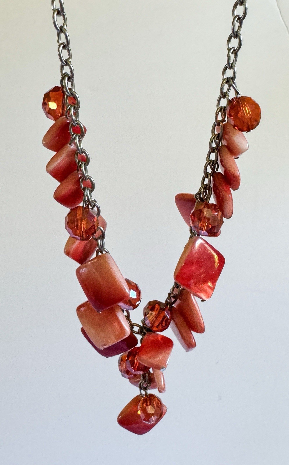Red Y Drop Necklace Square Red Lucite Beads Silver Toned Chain Croft n Barrow