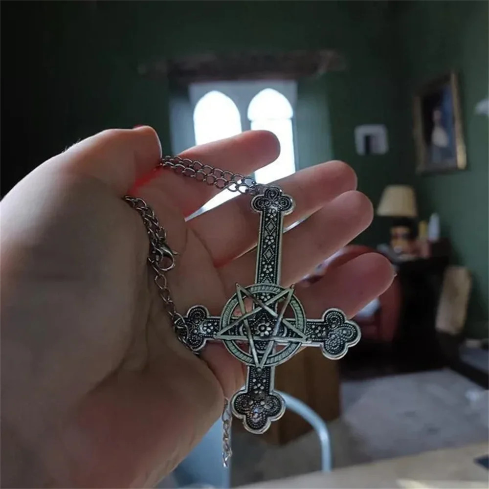 cross Inverted necklace, Gothic jewelry, Pentagram, Retro, Pagan, Witchcraft, pu