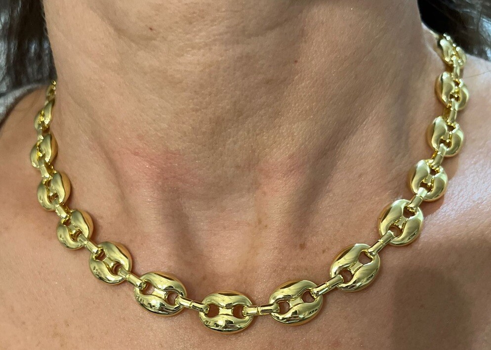 14k yellow gold Plated Puffy Puffed Anchor Mariner Link Chain Necklace 1cm