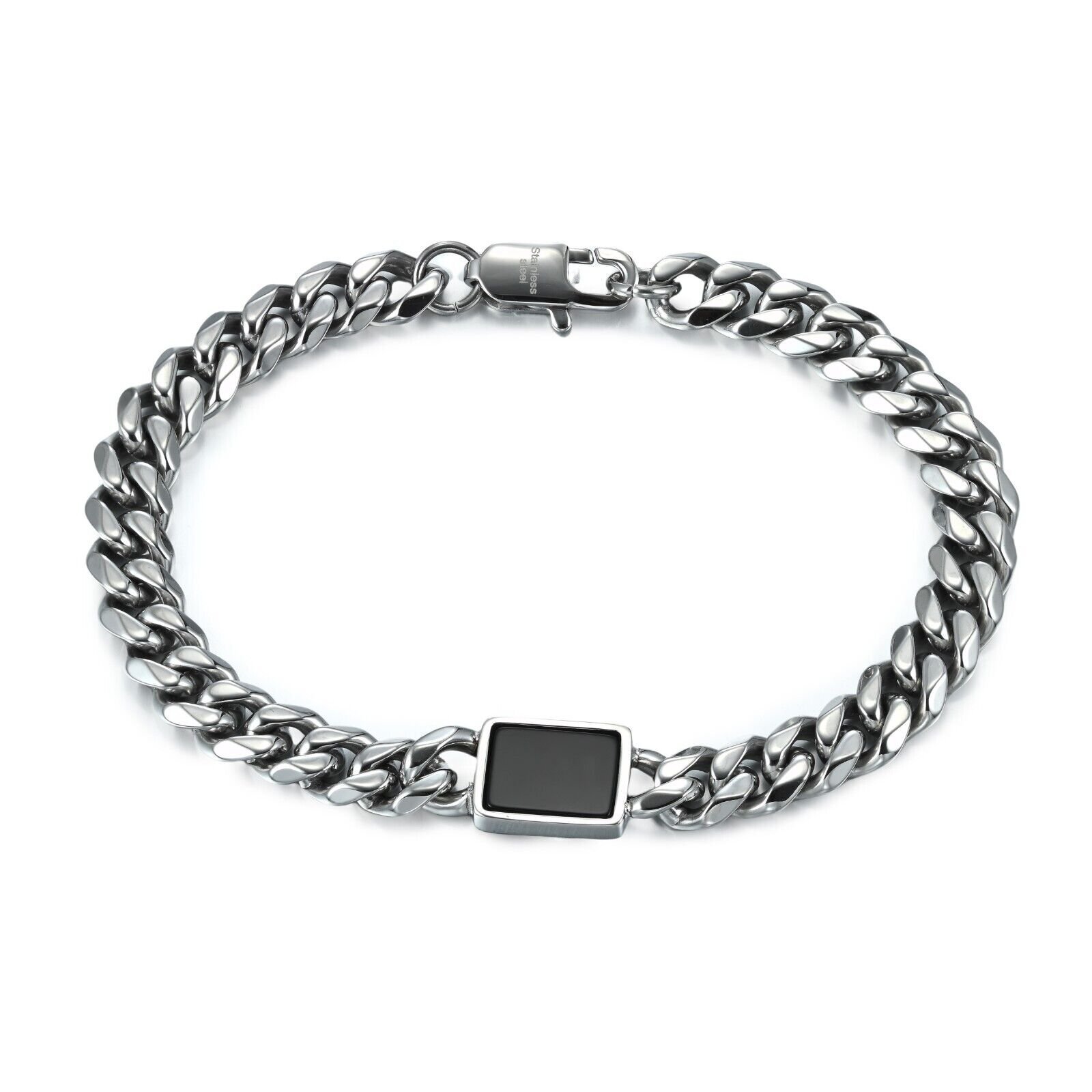 Stainless Steel 8mm Cuban Link Chain With Black Agate ID, Men’s 8.5″
