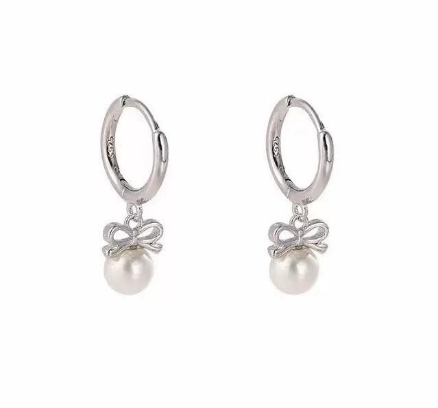 925 Silver Bow Pearl Hoop Earrings Cute Pearl Drop Huggie Earrings For Women 213
