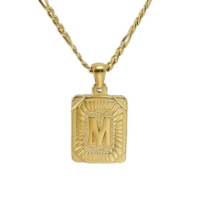 18″ Gold Plated Initial Letter Pendant Necklace Stainless Steel Figaro Chain New