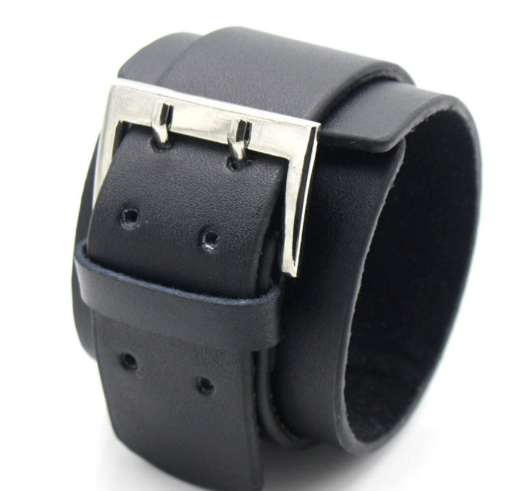 Men’s Punk Rock Wide Leather Cuff Bangle Bracelet Adjustable Wristband Black