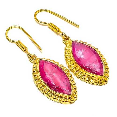Ruby (Lab-Created) Gemstone 18k Yellow Gold Plated Earring 1.76″ E7-640