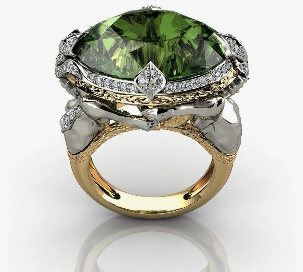 Two-Tone Gold Silver Oval Green Stone Prong Set Cocktail Ring Sz 7-8-9