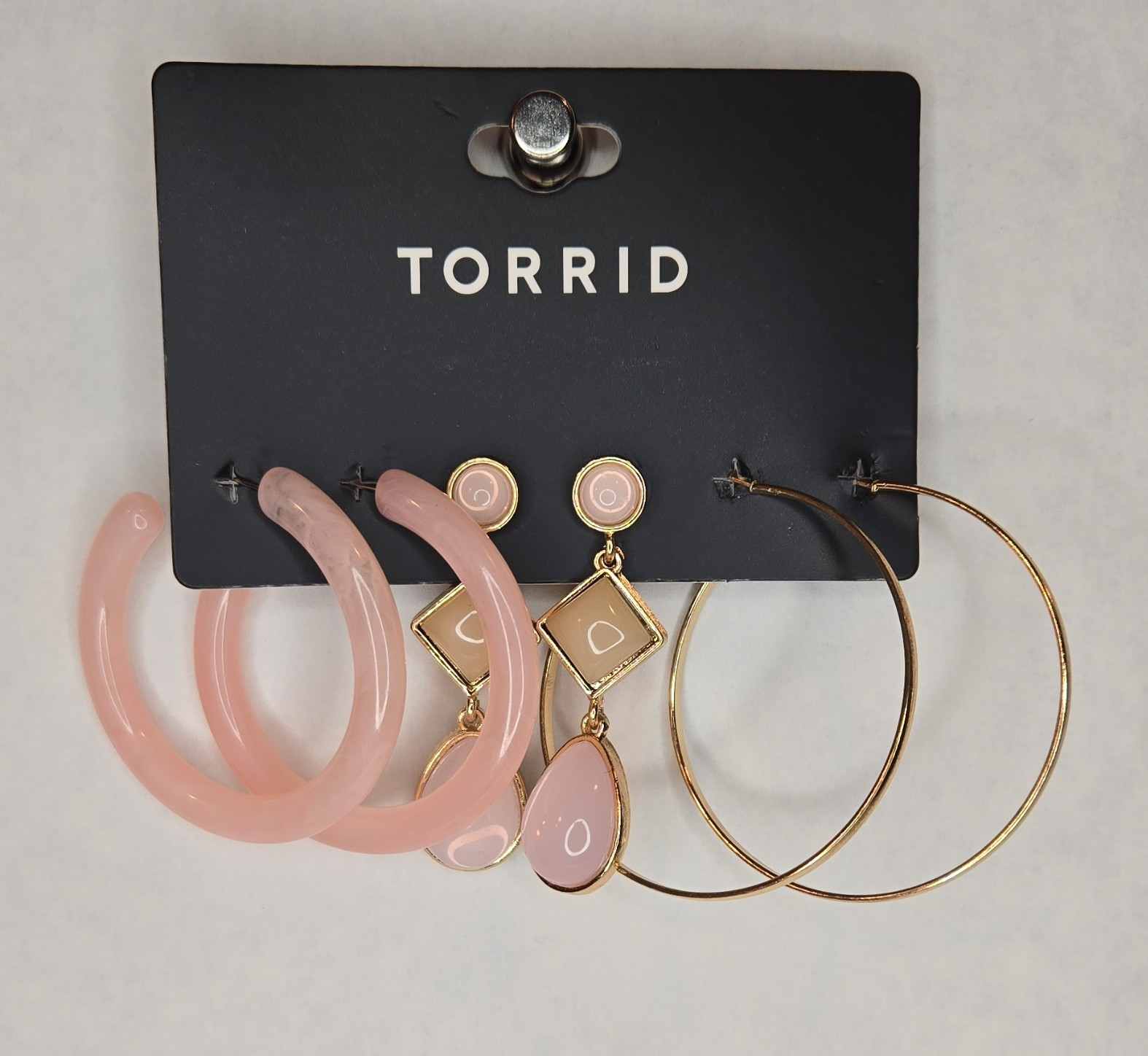 Torrid Dangle Hoop Trio Earring Set 3 Pairs Pink Gold, Resin Stone
