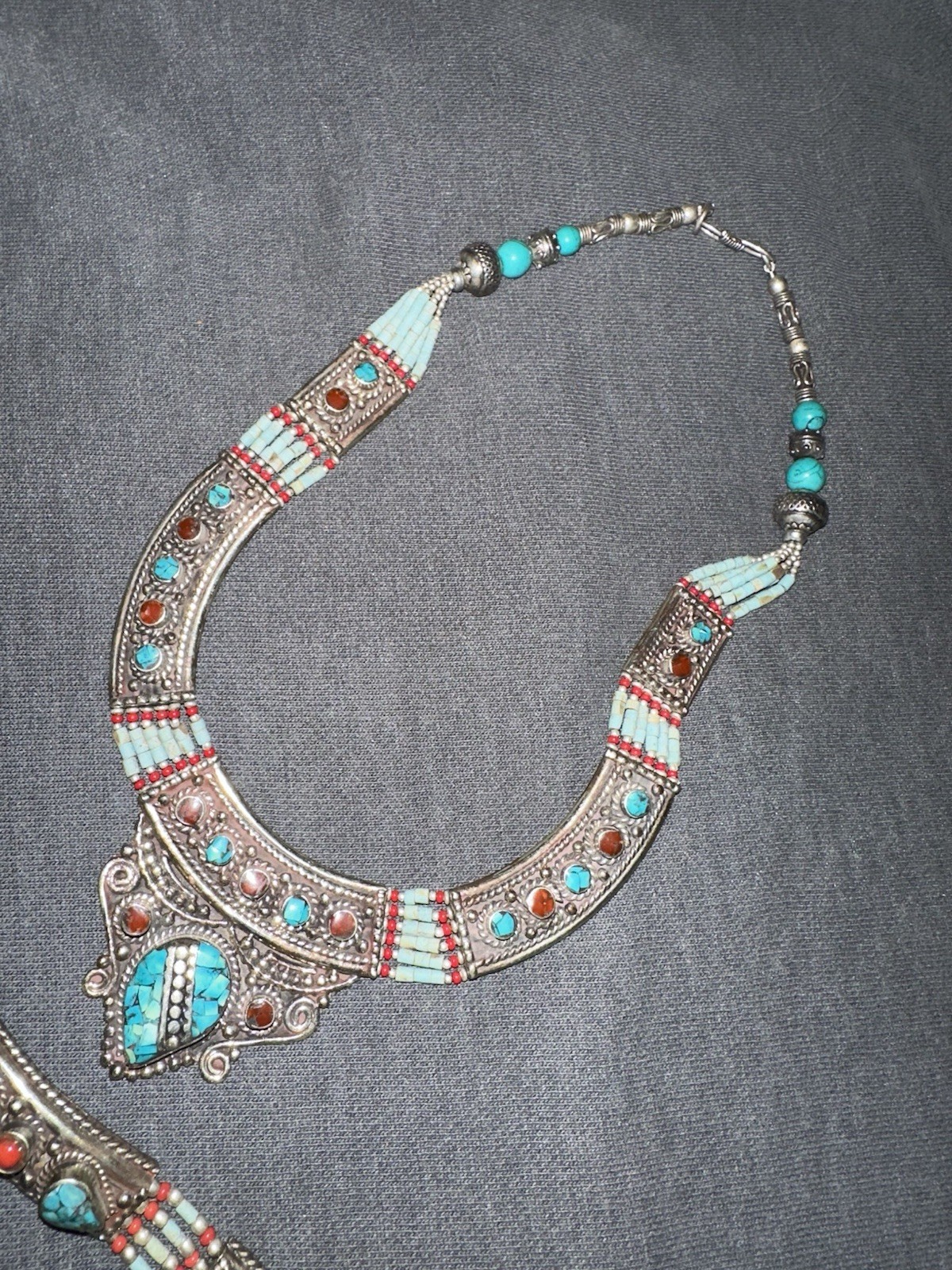 NEPAL TIBETAN HANDMADE Coral & Turquoise Bracelet Tibetan Silver Stamped .925