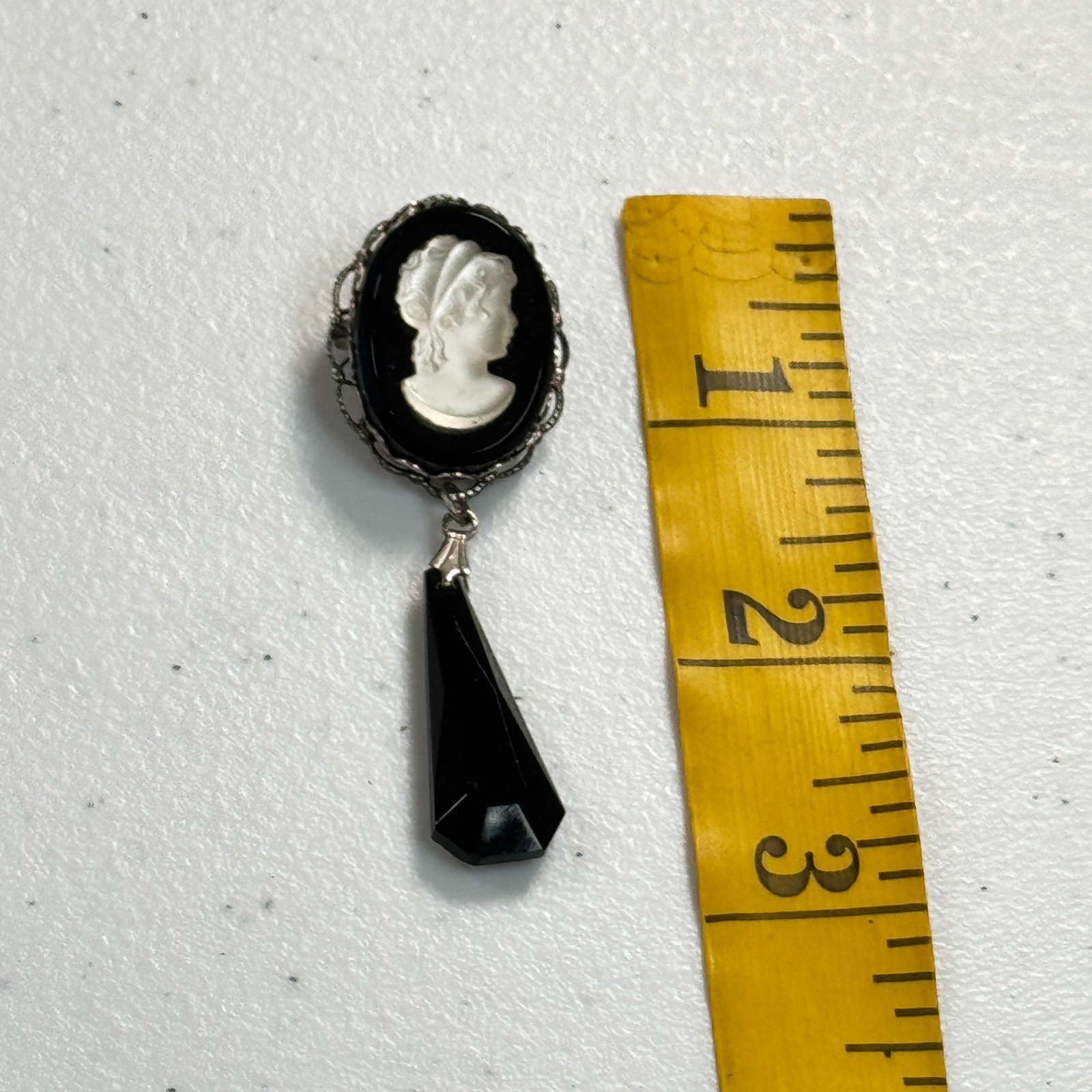 Vintage Cameo Brooch Pendant Black Glass Dangle Victorian Revival Silver Tone