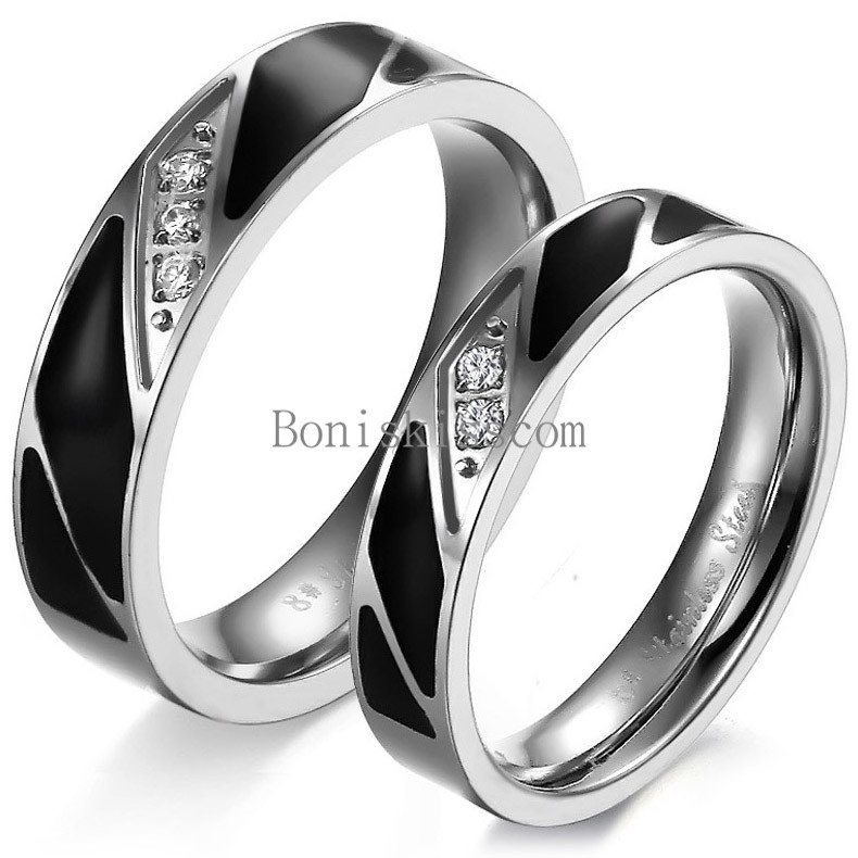 Stainless Steel Black Enamel w Cubic Zirconia Promise Ring Couples Wedding Band