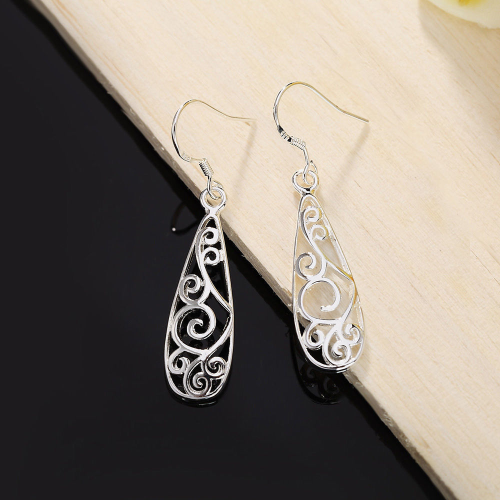 Awesome New Silver Plate Openwork Elongated Teardrop Hook Dangle Drop Earrings