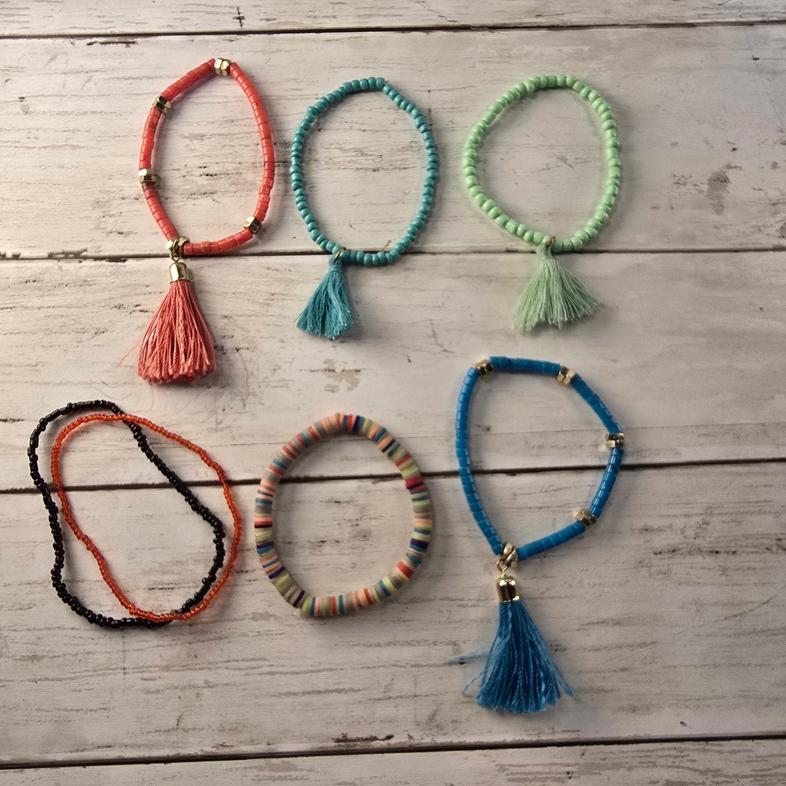 Boho Beaded Tassel Bracelet Set 6pc Stackable Stretch Seed Disc Bead Multicolor